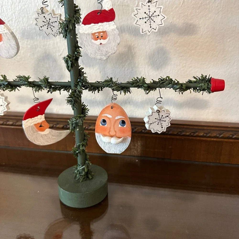 Vintage Wooden Christmas Feather Tree Tabletop Display with Santa Ornaments 17''